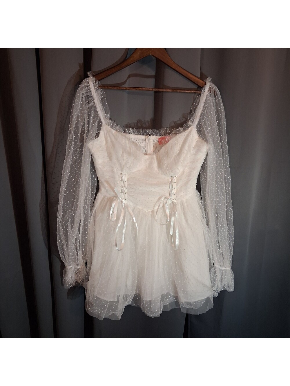 Sugar Thrillz White Sheer Polka Dot Long Sleeve Dress Size L